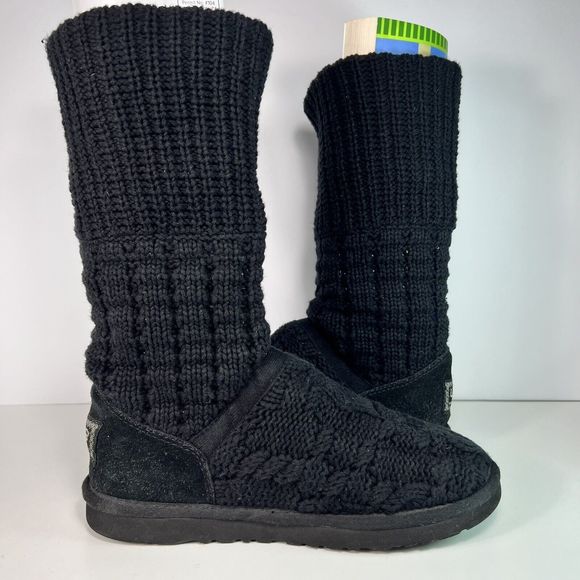 UGG Australia Boots Women's Sz 7 Black Gray Buttons Foldover Cable Knit - Picture 11 of 16